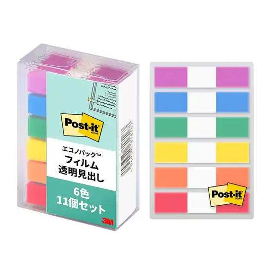 【辞書・四季報に】3M ポストイット フィルム ふせん 透明見出し エコノパック 44×10mm 20枚×6色×11個(1,320枚) 6831M-AM 送料込1,645円(おトク便3種で1,554円・141.3円/個)