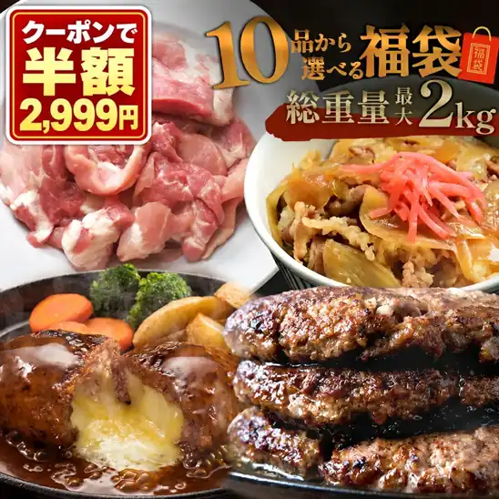 50%OFFクーポンで2,999円 送料無料～ 楽天市場 【最大2kg10品から選べる】福袋 ハンバーグ 確定 訳あり 肉 食品 はしっこ豚 牛丼 豚肉 焼肉 チーズインハンバーグ おつまみ 選べる福袋 冷凍食品 時短 惣菜 2026.11.02 09:59まで